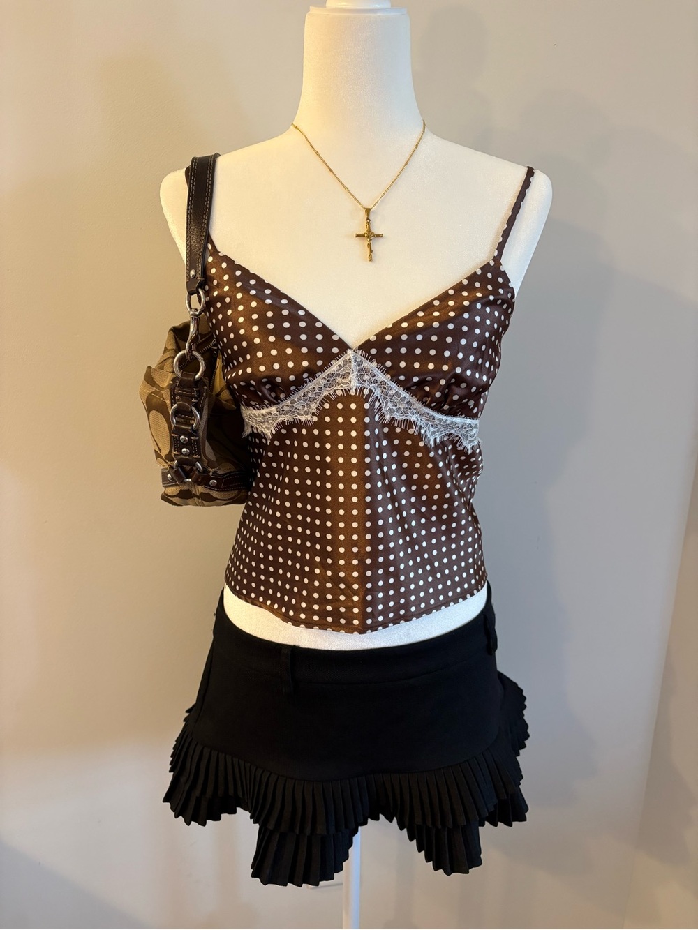 Good Luck Gem Brown Polka Dot Satin Lace-Trim Cami
